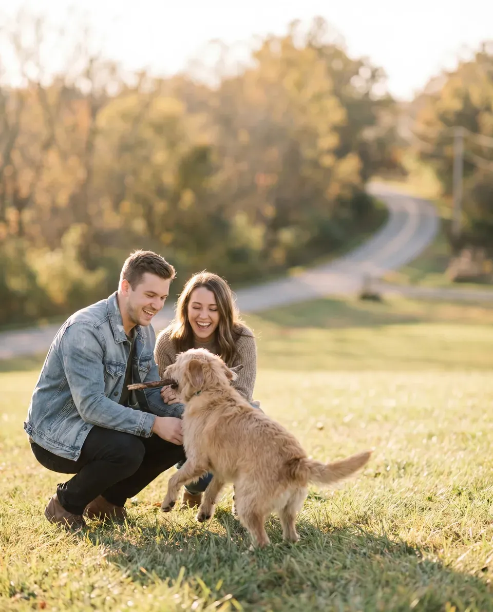 A young couple laughing while their golden retriever plays with a stick in an autumn field